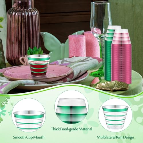 Gejoy 9 oz Happy New Year Rimmed Stripe Plastic Cups Bulk Disposable Wine Hard Plastic Drinking Cocktail Cups Tumblers for...