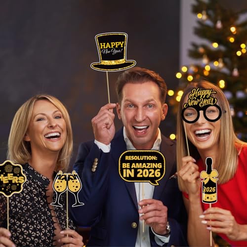 Biswiter 36 Pcs New Years Photo Booth Props, New Years Eve Photo Props 2026, Happy New Year Decorations 2026, New Year Pho...
