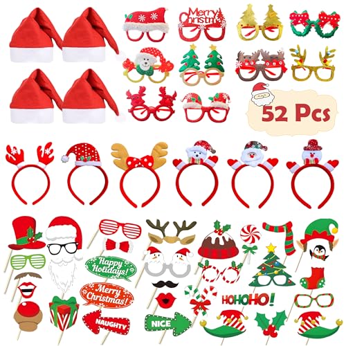 52 Pcs Christmas Photo Booth Props Kit, 20Pcs Glitter Eyeglasses Frame Hats Hairhoop and 32Pcs DIY Selfie Pose Signs for X...