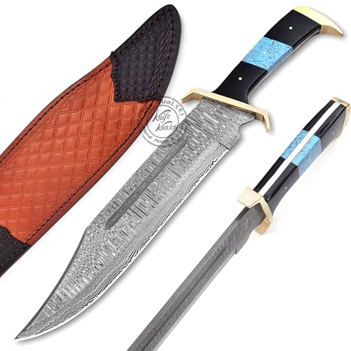 Damascus Steel Western Outlaw Bowie Hunting Knife, Fixed Blade Survival & Hunting Knife, Camping, Bushcraft, EDC - Gift fo...