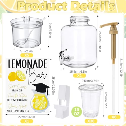Jingmore 43 Pcs 2026 Graduation Lemonade Stand Complete Accessories Kit Lemon Bar Sign Class of 2026 Jar Drink Station gla...