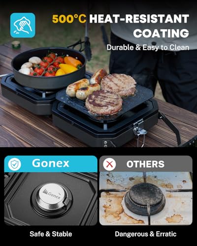 Gonex 2 Burner Propane Camping Stove with Griddle & Grates, Portable Foldable Cooking Stove with Total 16,000 BTU, Two Pie...