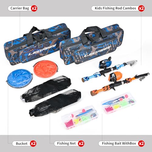 LEOFISHING 2 Set Kids Fishing Pole Set with Full Starter Kits Portable Telescopic Fishing Rod and Reel Cambos with All The...