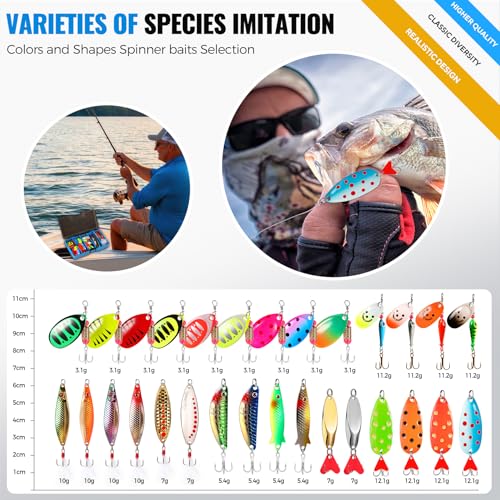 PLUSINNO Fishing Lures Spinner baits for Bass - 16/32 pcs Spinner Lures Kit with Portable Carry Bag, Hard Metal Spinner Ba...