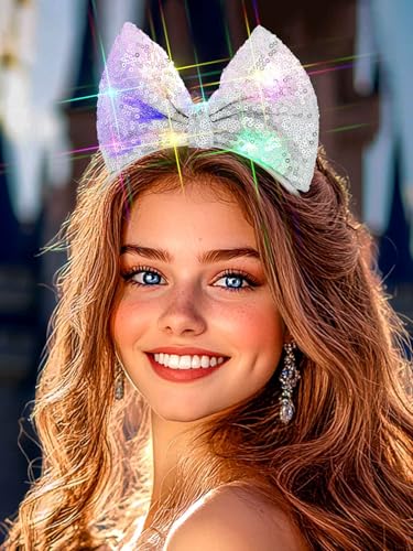 Yokawe Light Up Red Sequins Bow Headband,Flashing LED Bowknot Hair Accessory for Women, Adjustable Elastic, 3 Modes Glow f...