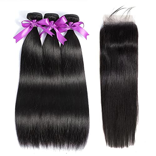 Straight Bundles with Closure Human Hair 16 18 20+14 Brazilian Human Hair Bundles with Closure Straight 100% Unprocessed Virgin Weave Hair Bundles with Lace Closure