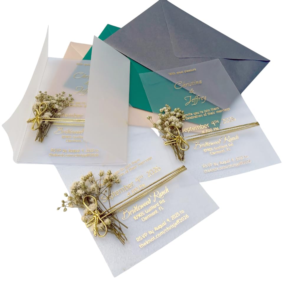 Set of Acrylic Wedding Invitations with Vellum Jacket - Gold Foil Wedding Invitation - Flower Twined Clear Invitations with Envelopes & Stickers