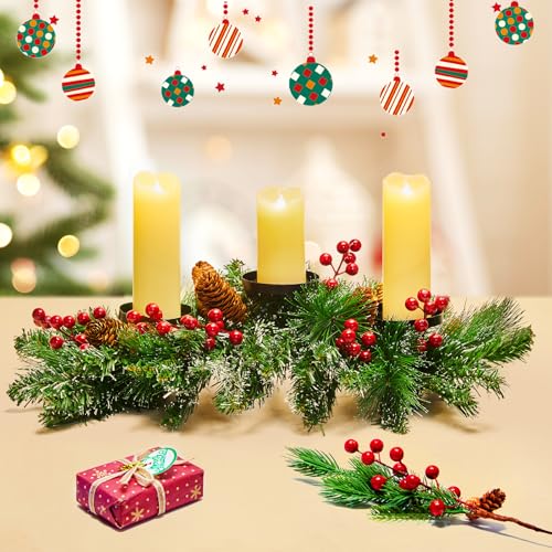 Brightown 20.5“ Iron Christmas Candle Holder, Pine Needles, Red Berries, Gold Balls and Golden Branches Tabletop Decoratio...
