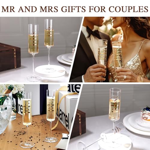 Physkoa Engagement Gifts for Couples-Toasting Mr and Mrs Champagne Glasses with Keepsake Box– Bride and Groom Champagne Fl...
