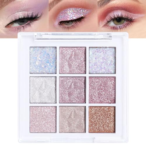 Eye Shadow Palette Makeup,Pink White Purple Glitter Shimmer Sparkle Warm Pastel 9 Colors Eye Shadow Palette,Nude White Cre...
