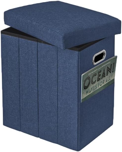 Emosoon Tall Ottoman with Storage Collapsible Fabric Small Slim Folding Ottoman Furniture with Handles Lid for Room Footrest Foot Stool Linen Navy Blue 16.5x16.5x11.8in