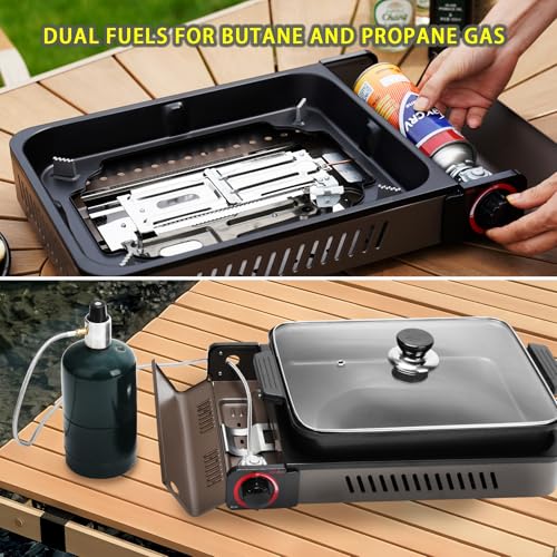 ONLYFIRE OUTDOOR LIVING Portable Propane Gas Stove with Grill Pan and Lid, Butane Camping Stove Instant Ignition for Patio...
