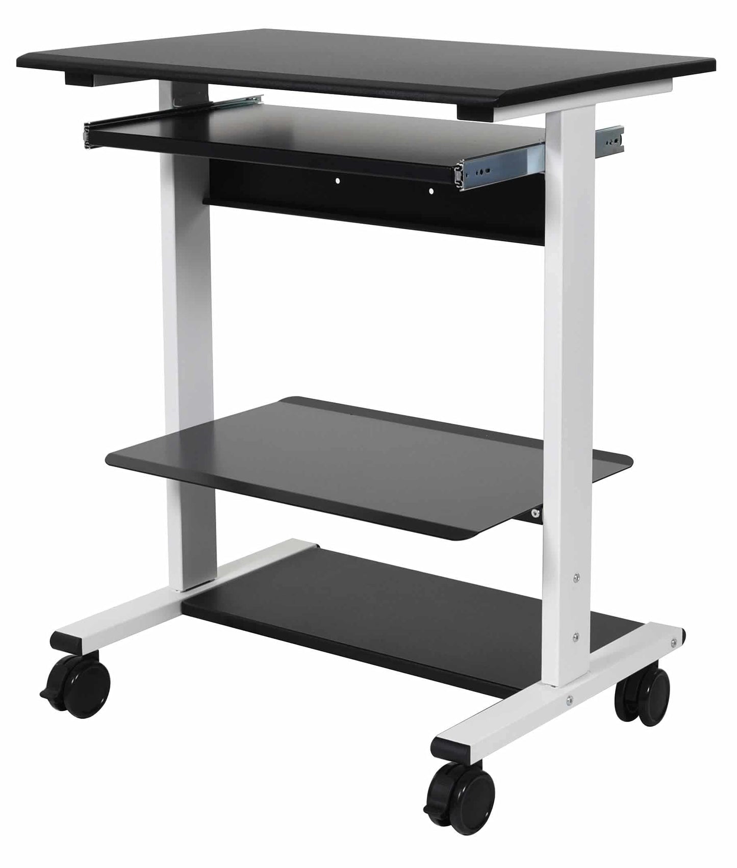 Stand Up Desk Store Mobile Rolling Adjustable Height Standing Workstation with Printer Shelf and Slideout Keyboard Tray (White Frame/Black Top, 30" Wide)
