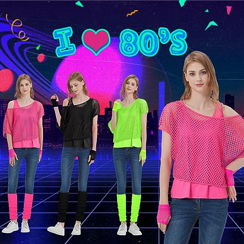 WILDPARTY Women Casual Sexy 80s Costumes Fishnet Neon Off Shoulder T-Shirt