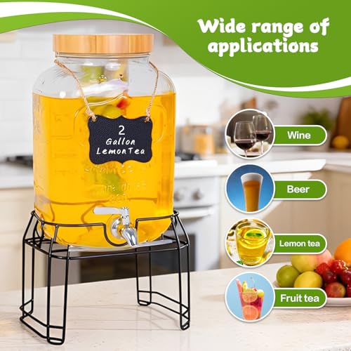 Roemey 2 Gallon Glass Drink Dispenser with Stand,Stainless Steel Leakproof Spigot &Bamboo Lid& Labels& Fruit Infuse, Large...