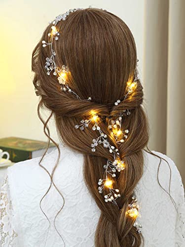 Yean Led Bride Wedding Hair Vine Long Light Up Bridal Headband Silver Crystal Hair Accessories Crystal Costume Party Headp...