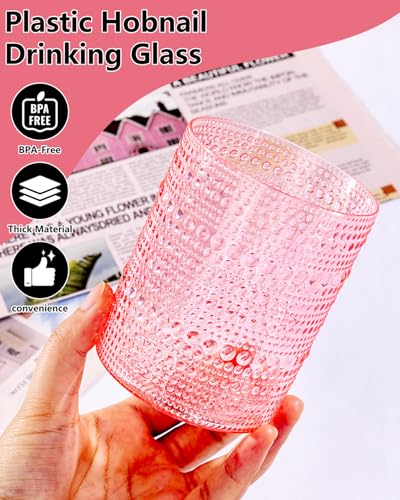 YOUBET 24PCS Plastic Drinking Glasses - 14OZ Pink Hobnail Drinkware Glasses - Vintage Glassware Textured Beaded Cups for W...