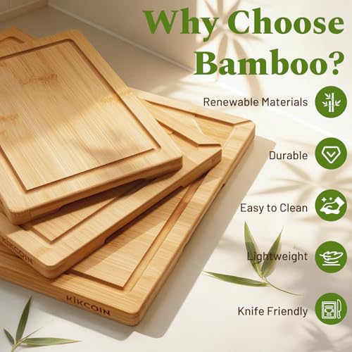 Kikcoin Bamboo Cutting Boards for Kitchen, 3 Piece Wood Cutting Board Set with Stand and Non-slip Feet, Knife Friendly Cho...