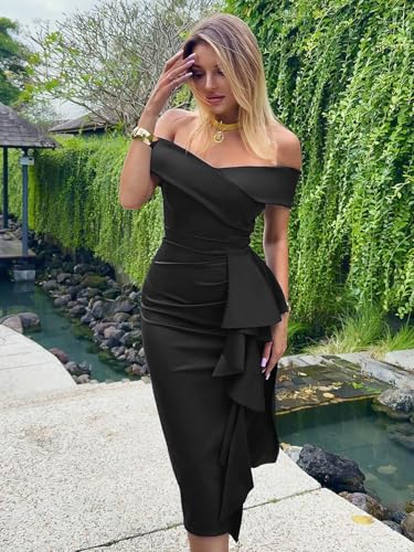 CurvySweet Women's Off The Shoulder Formal Evening Midi Dress Built-in Bra Bodycon Ruched Slit Elegant Holiday Cocktail Party