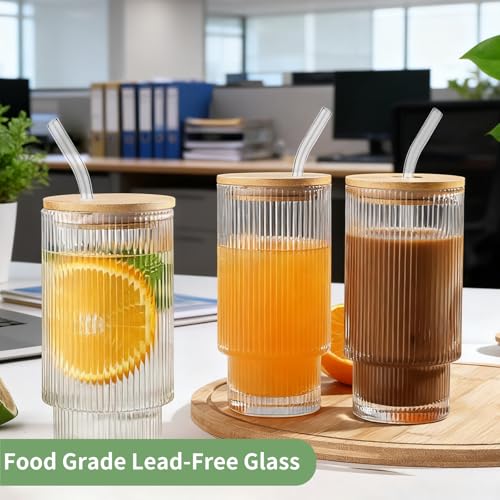 Salpae 2 Pack Glass Cups with Lids and Straws, 16oz Ribbed Drinking Glasses Tumblers Durable Drinkware Water Glasses Cup I...