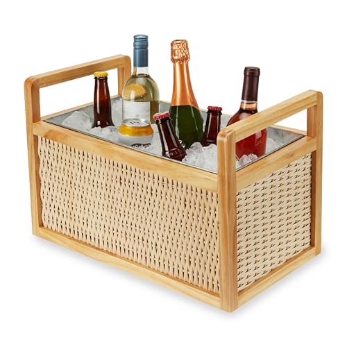 Twine Rattan and Wood Bottle Cooler Basket, Beverage Tubs for Parties, Beverage Chiller Ice Bucket for Drinks with Handle...