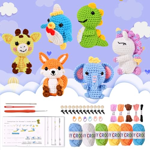 Wunila 6Pcs Crochet Kit for Beginners, DIY Craft for Adults, Great Gifts for Crochet Lovers, Crocheting Animals Kits with ...