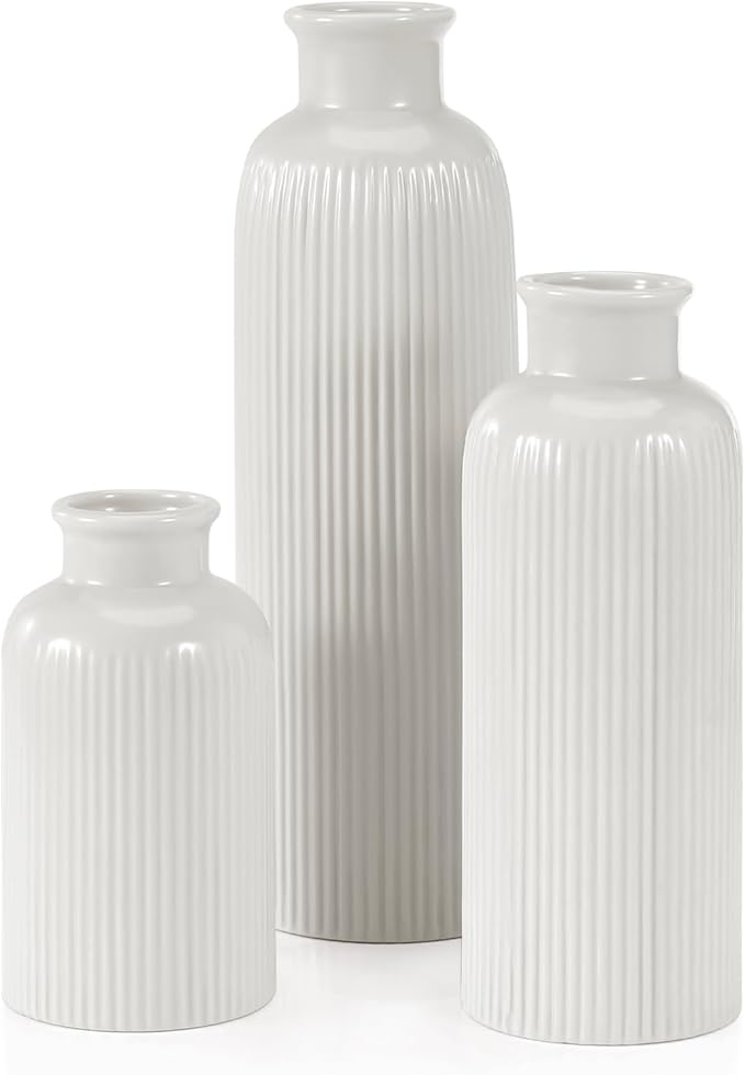 Small White Ceramic Vase Set of 3, Boho Modern White Flower Vase Room Decor, Farmhouse Decor, Vases for Your Kitchen, Bath...