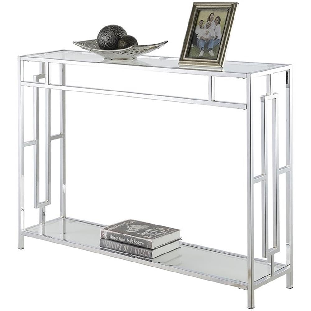 Convenience Concepts Town Square Chrome Console Table 42" - Contemporary Modern Sofa Table with Storage Shelf, Narrow Entryway Hall Table for Living Room, Bedroom, Bathroom, Glass/Chrome