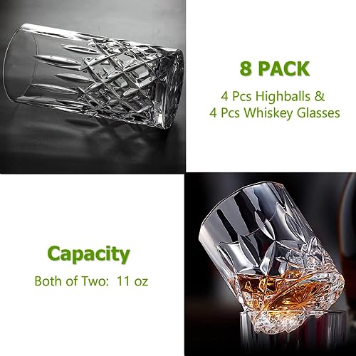 Qipecedm Drinking Glasses, 8 Piece Crystal Glass Cups, Mixed Glassware Set, 4 pcs Crystal Old Fashioned 11oz Highballs and...