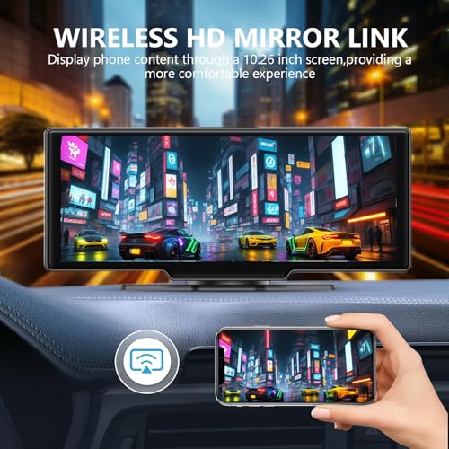 Portable Carplay Screen For Car, 10.26" Wireless Apple Carplay & Android Auto Touch Screen with 4K Dash Cam,1080P Backup C...