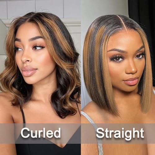 Straight Highlight Ombre Bob Wig Human Hair 4x4 Lace Front Wigs 1b/30 Colored Highlights Honey Blonde Lace Closure Wigs Glueless Pre Plucked Hairline 180% Density Bob Wigs for Women 14 Inch