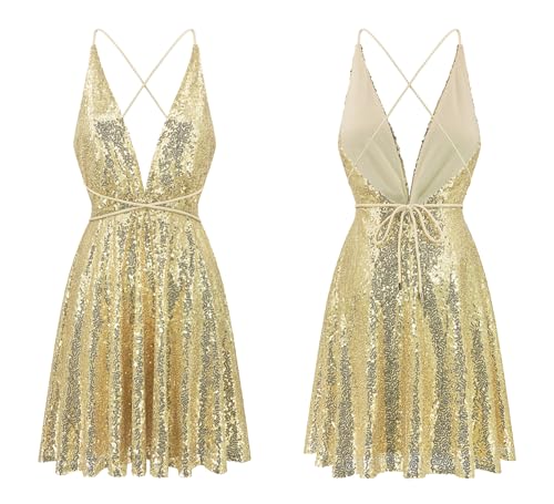 R.Vivimos Women's Sequin Dress Spaghetti Strap Sexy Deep V Neck Backless Glitter Club Party Skater Swing Mini Dress