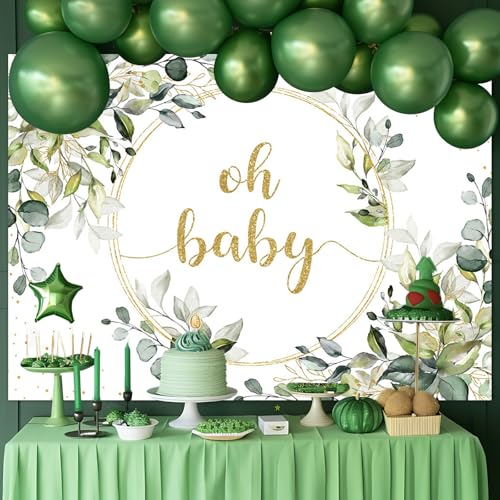 Mocsicka Greenery Baby Shower Backdrop Gold Oh Baby Background Green Eucalyptus Baby Shower Party Cake Table Decoration Ba...