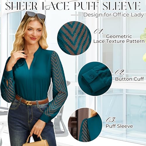 GRACE KARIN Women Business Casual Tops Sheer Lace Long Sleeve Blouses Work Office Pleated V Neck Shirt Fall Formal Outfits