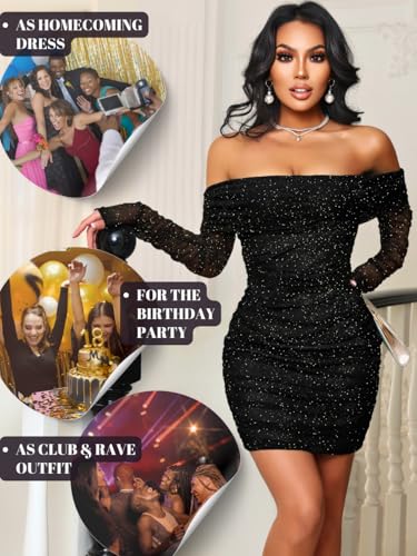 Kaei&Shi Sparkly Off Shoulder Dress,Mesh Long Sleeve Ruched Bodycon Corset Dresses Women,Sexy Birthday Outfit Club Going Out
