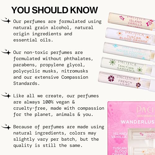 Pacifica Beauty, Wanderlust Spray Perfume Trial Set, Island Vanilla, 5 Scents, Fragrance Sampler Gift Set, Natural & Essential Oils, Clean, Vegan & Cruelty Free