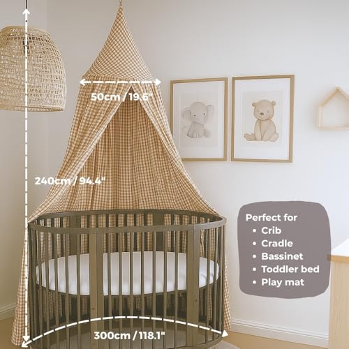 Wonder Space Kids Bed Canopy - Neutral Beige Gingham Checkered Design for Nurseries | Soft Cotton Decorative Tent for Baby...