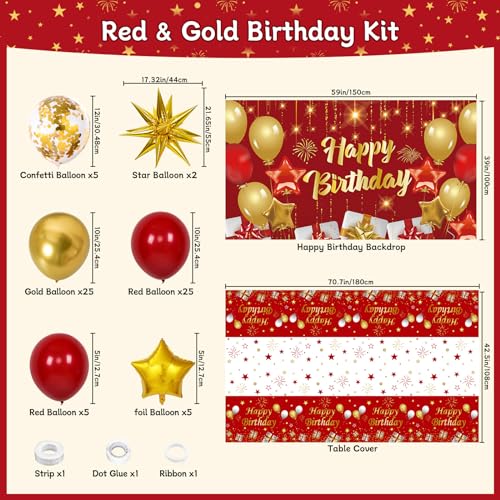 Red and Gold Birthday Decorations for Women Men Girls Boys, 72pcs Red and Gold Party Decorations Happy Birthday Backdrop B...