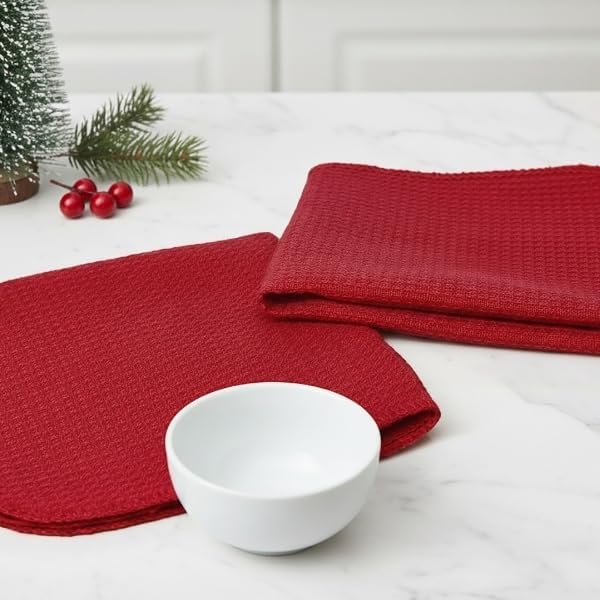 PurpleEssences Dish Cloths and Dish Rags - 8 Pack Waffle Weave Solid Kitchen Dish Wash Cloths, 100% Cotton, 12 x 12 Inches, Ultra Soft Absorbent Quick Drying - Christmas Holiday Winter - Red