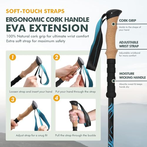 Carbon Fiber Trekking Poles, Ultralight with Metal flip Lock, Cork EVA Grip, Telescopic Recyclable, for Hiking, Nordic Ski...