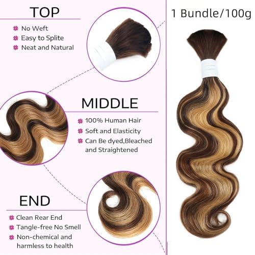 Human Braiding Hair P4/27 Body Wave Bulk Human Hair for Braiding No Weft 1 Bundle 100g 10A Brazilian Curly Human Hair Extensions for Boho Braids (22 Inch)