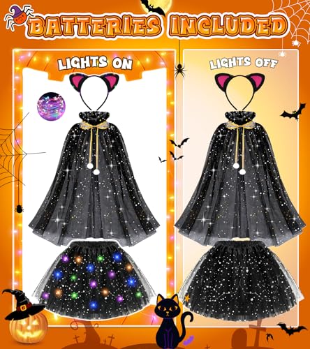 Teuevayl Black Cat Costume and Cape for Girls, 7 Pcs LED Light Up Kids Cat Halloween Costume for Girl Ages 3 4 5 6 7 8