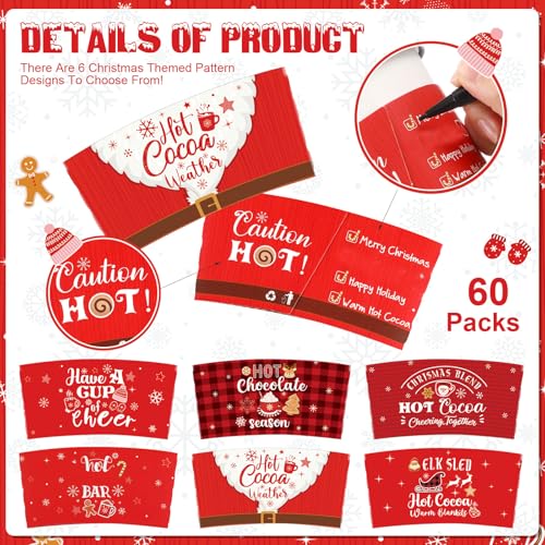 Remerry 60 Pack Christmas Coffee Cup Sleeves Christmas Disposable Paper Cup Sleeves Fit 12 and 16 oz Coffee Cups for Holid...
