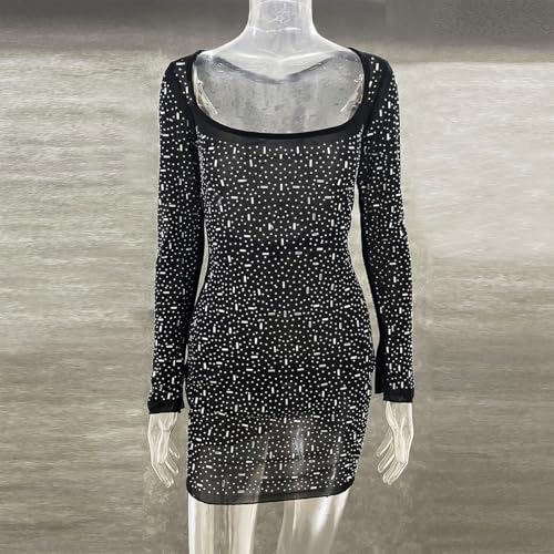 ODIZLI Short Dress for Women Sheer Mesh Long Sleeve Square Neck Rhinestones Semi See-Through Bodycon Mini Party Dresses
