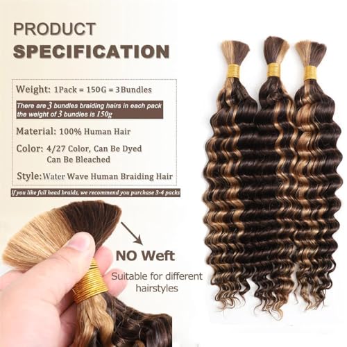 Human Braiding Hair 3 Bundles/Pack 150g Highlight 4/27 Curly Water Wave Bulk Hair for Braiding No Weft 12A Brazilian Virgin Human braiding Hair for Boho Braids (Highlight 4/27 Color, 20 inch)