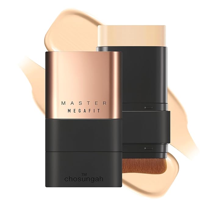 Mega Fit Master Glow Stick Foundation with Brush, 120H Long Lasting Radiant Coverage, All-in-One Stick for Easy Application, K-Beauty, Shade 21, 0.56oz (01N Beige)