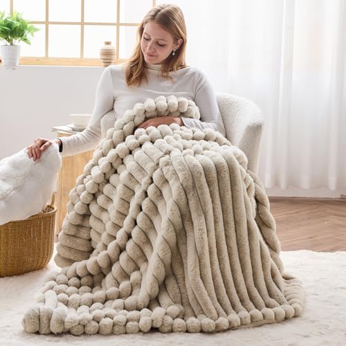 NEWCOSPLAY Faux Fur Throw Blanket Linen 3D Ribbed Plush Thick Warm Blanket for Couch Sofa Bed 850GSM (Linen Ribbed, Throw(...