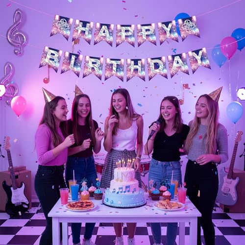 Happy Birthday Banner & Sign, Pink and Purple Magical Music Theme Party Decorations for Girls, Cute Singer Birthday Backdr...