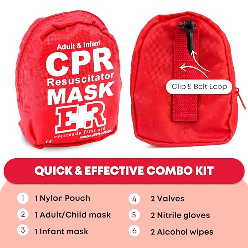 Adult and Infant CPR Mask Combo Kit – Includes 2 CPR Masks with One-Way Valves, Pair of Vinyl Gloves, 2 Alcohol Prep Pads...
