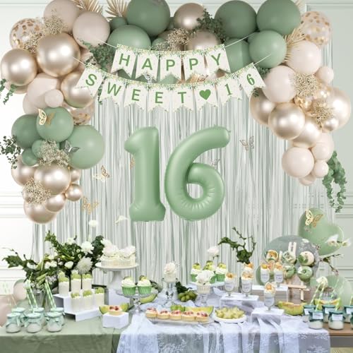 73pcs Sweet 16 Party Decorations, 16 Birthday Decorations with 16th Birthday Banner 16 Balloon Number Fringe Curtain Sage ...